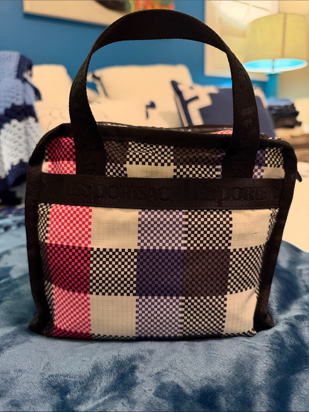Lesportsac Black-Trim Checked Tote with Pink and Purple Accents